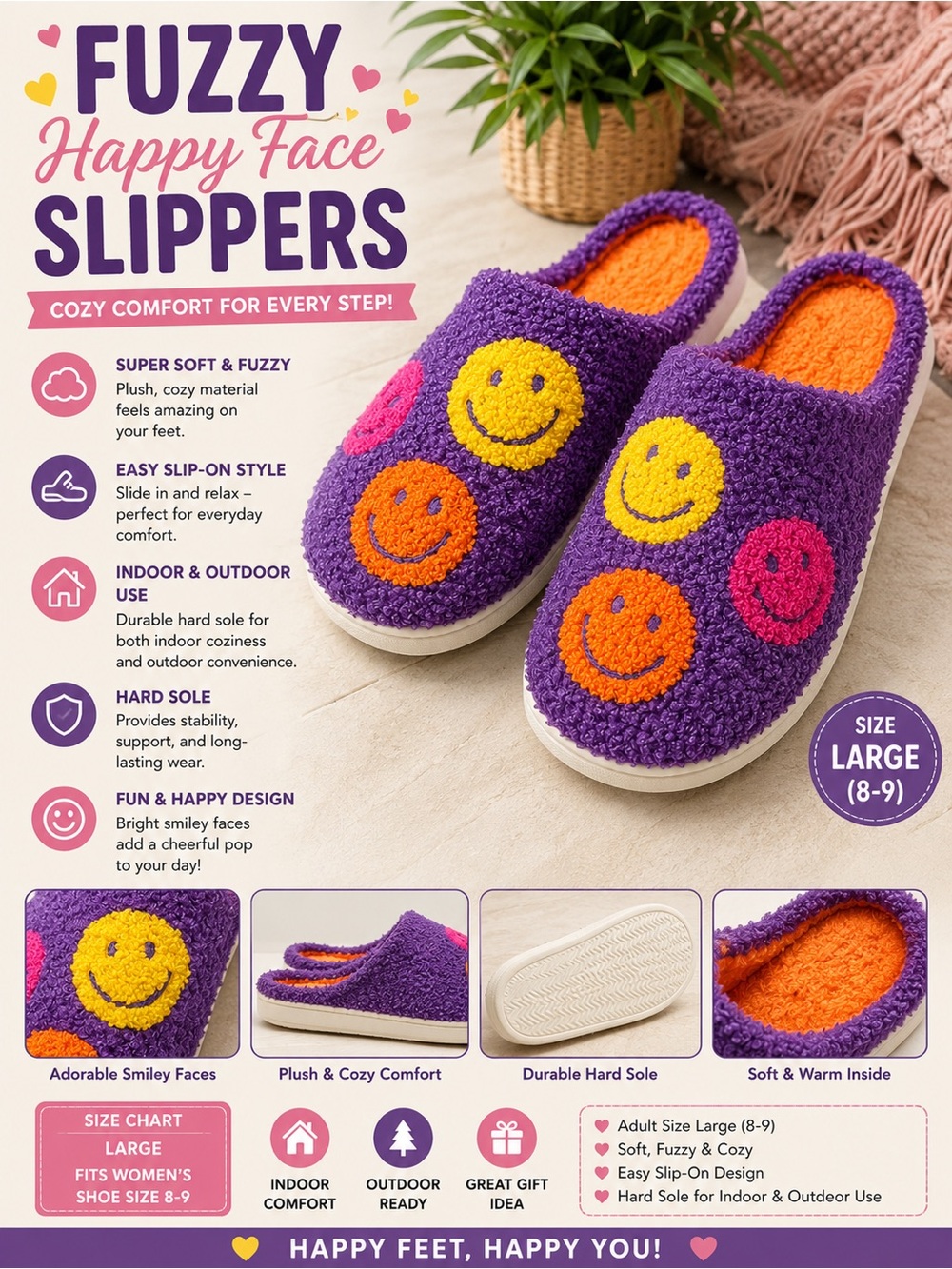 Fuzzy Happy Face Slip-On Slippers - Purple
